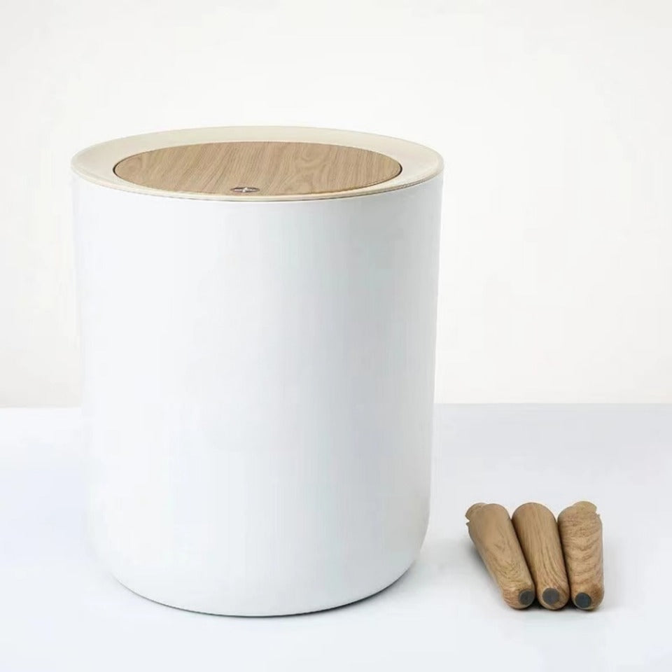 Trash Can with Lid High Foot Wood Grain Kitchen Bathroom Living Room Desktop Storage Bucket Waste Bin Large Capacity Garbage Bin