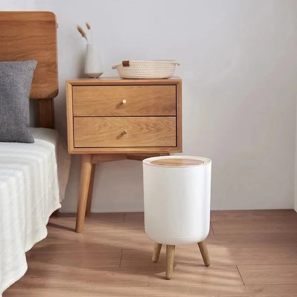 Trash Can with Lid High Foot Wood Grain Kitchen Bathroom Living Room Desktop Storage Bucket Waste Bin Large Capacity Garbage Bin