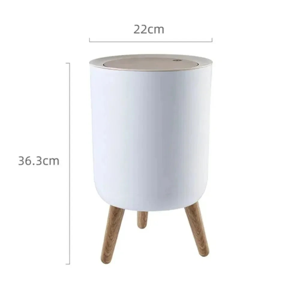 Trash Can with Lid High Foot Wood Grain Kitchen Bathroom Living Room Desktop Storage Bucket Waste Bin Large Capacity Garbage Bin